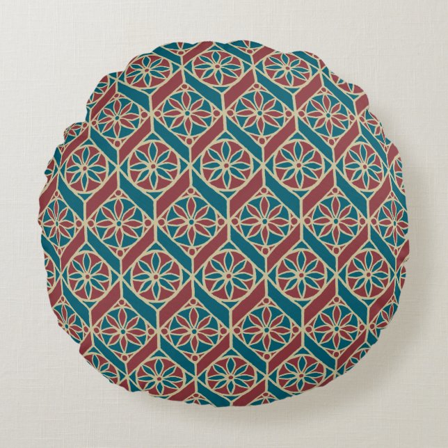 Teal Maroon Beige Ethnic Pattern Flowers, Chevrons Round Cushion (Front)