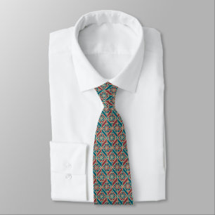 Teal Maroon Beige Ethnic Pattern Flowers, Chevrons Tie