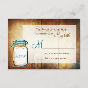 Teal Mason Jar Barn Wood Rustic Wedding RSVP Cards