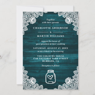 Teal Mason Jar Floral Lace Rustic Wood Wedding Invitation