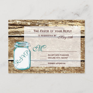 Teal Mason Jar Rustic Barn Wood Wedding RSVP Cards