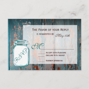 Teal Mason Jar Rustic Barn Wood Wedding RSVP Cards