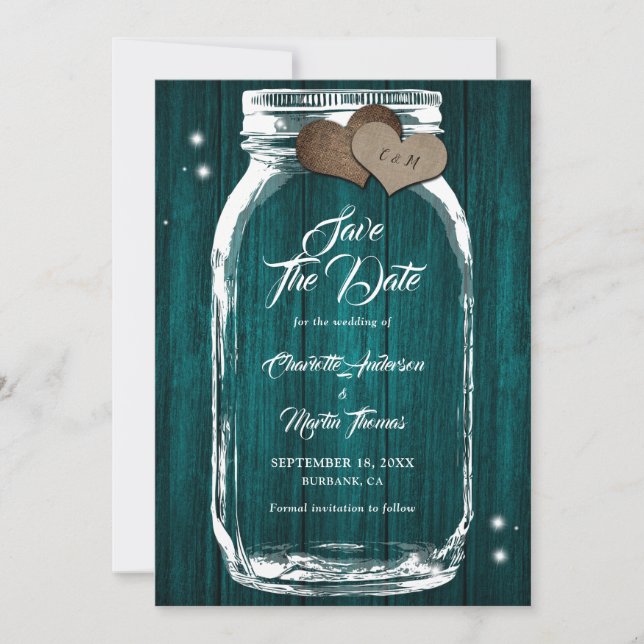 Teal Mason Jar Rustic Country Barn Wood Wedding Save The Date (Front)