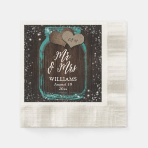 Teal Mason Jar Rustic Wood Mr. & Mrs. Wedding Napkin