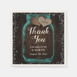 Teal Mason Jar Rustic Wood Thank You Wedding Napkin