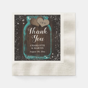 Teal Mason Jar Rustic Wood Thank You Wedding Napkin