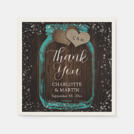 Teal Mason Jar Rustic Wood Thank You Wedding Napkin