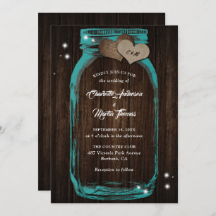 Teal Mason Jar Rustic Wood Wedding Invitation