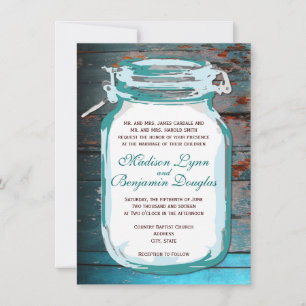 Teal Mason Jar Rustic Wood Wedding Invitations