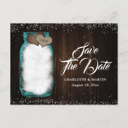 Teal Mason Jar Rustic Wood Wedding Save The Date Announcement Postcard