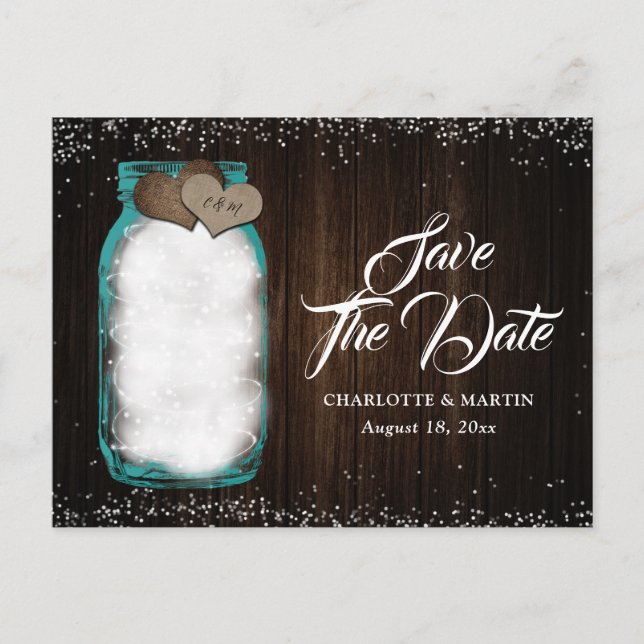 Teal Mason Jar Rustic Wood Wedding Save The Date Announcement Postcard (Front)