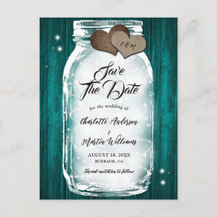 Teal Mason Jar String Lights Barn Wood Wedding Announcement Postcard