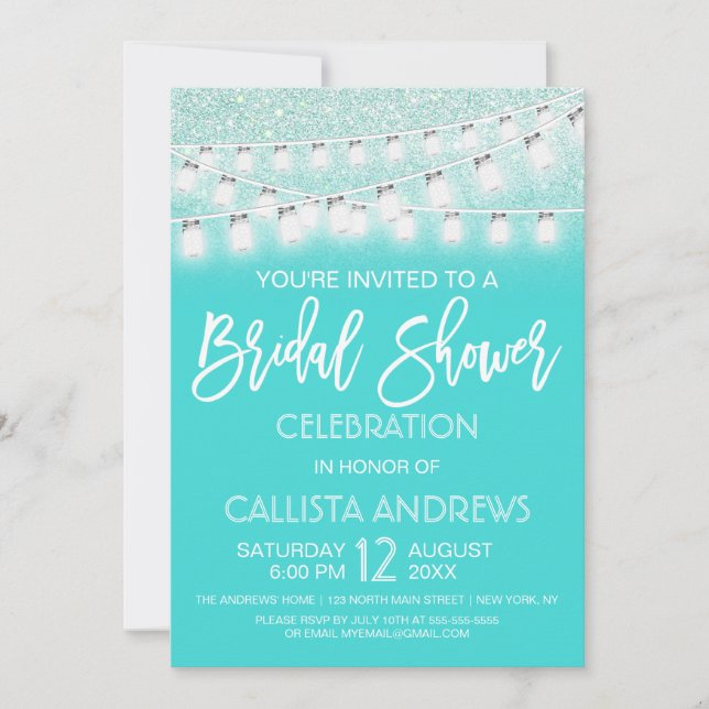Teal Mason Jar String Lights Glitter Bridal Shower Invitation (Front)