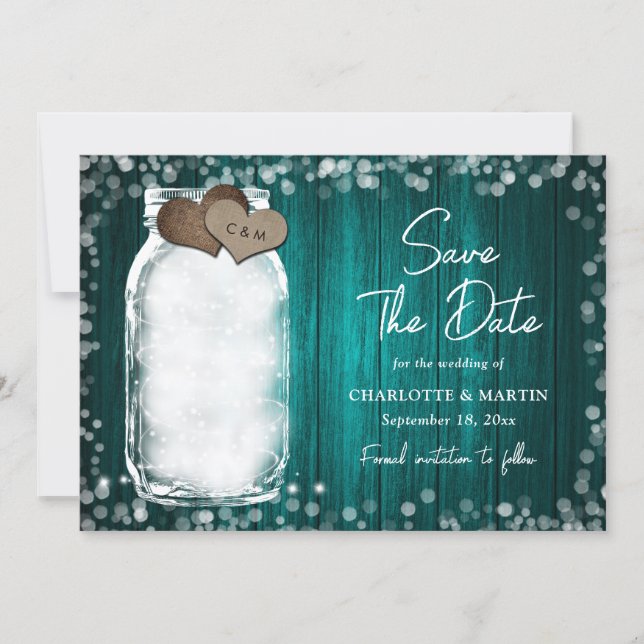 Teal Mason Jar String Lights Wood Wedding Save The Date (Front)