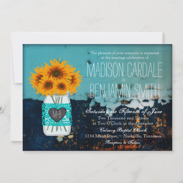 Teal Mason Jar Sunflowers Rustic Wedding Invites (Front)