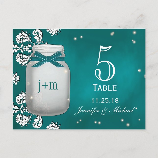 Teal Mason Jar with Fireflies Table Number Cards (Front)