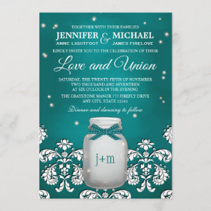 Teal Mason Jar with Fireflies Wedding Invitation