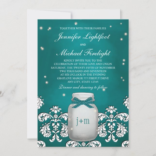 Teal Mason Jar with Fireflies Wedding Invitation (Front)