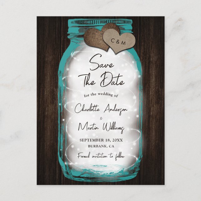 Teal Mason Jar Wood Hearts Wedding Save The Date Announcement Postcard (Front)