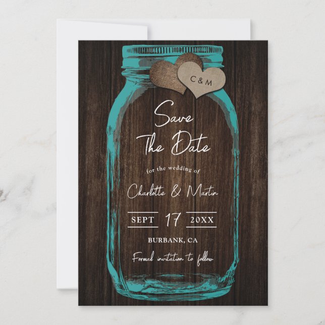 Teal Mason Jar Wood Monogram Romantic Fall Wedding Save The Date (Front)