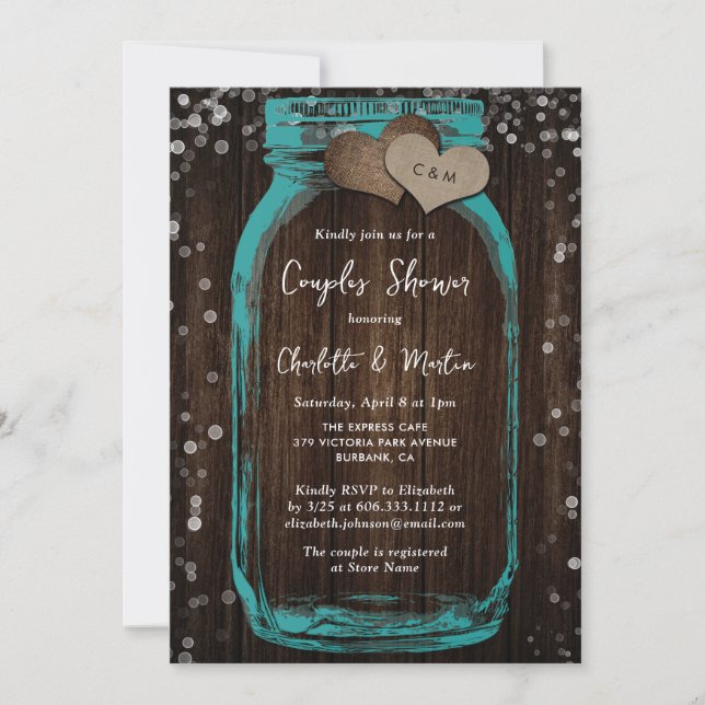 Teal Mason Jar Wood Rustic Couples Shower Invitation (Front)