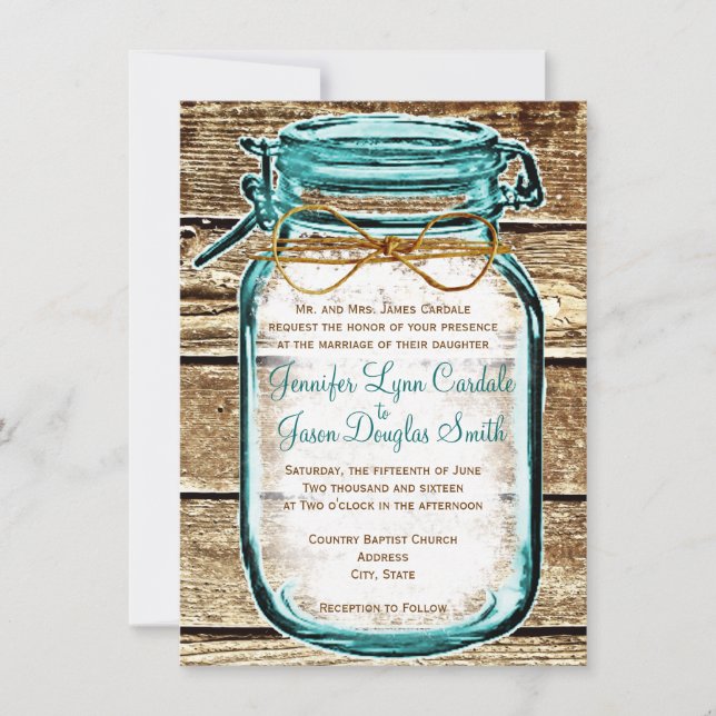 Teal Mason Jar Wood Rustic Wedding Invitations (Front)