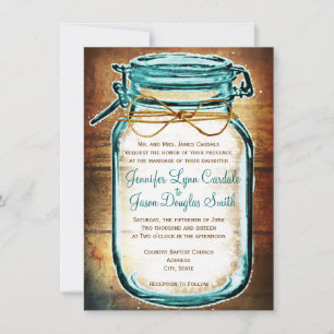 Teal Mason Jar Wood Rustic Wedding Invitations