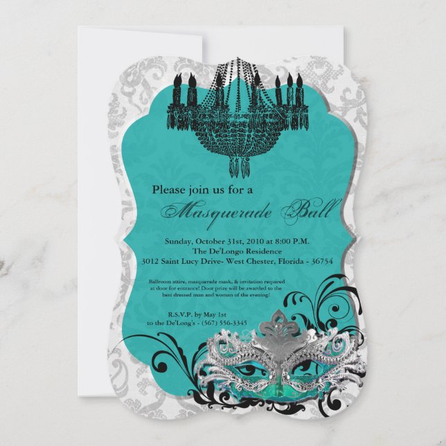 Teal Masquerade Ball Mask Costume Halloween Part Invitation (Front)