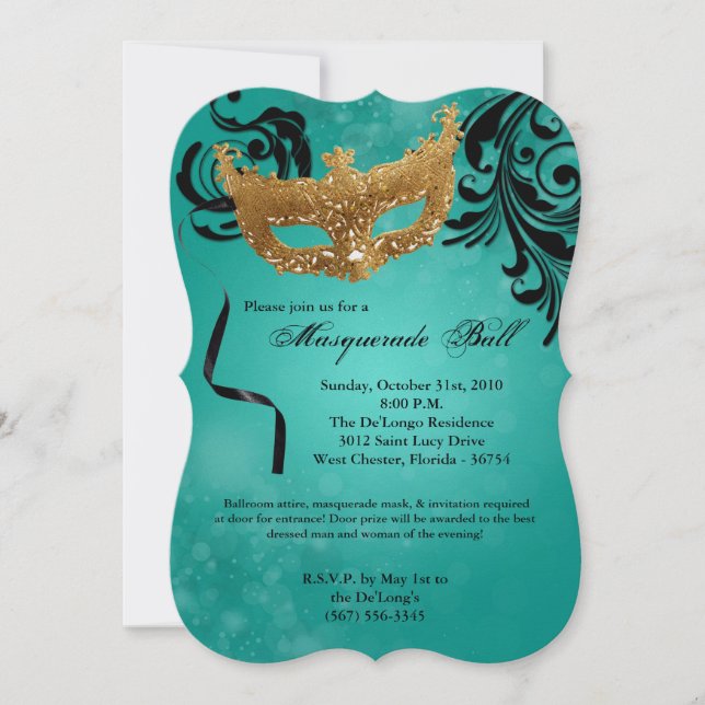 Teal Masquerade Ball Mask Costume Halloween Part Invitation (Front)
