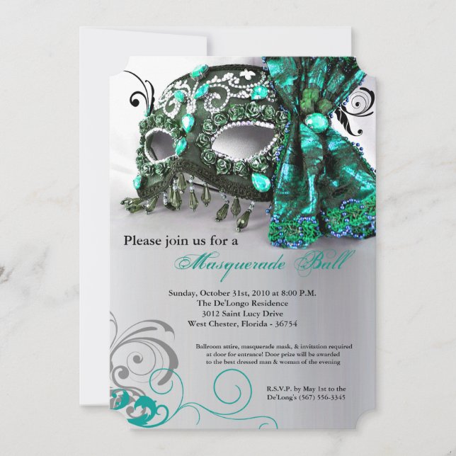 Teal Masquerade Mask Ball Costume Halloween Invitation (Front)