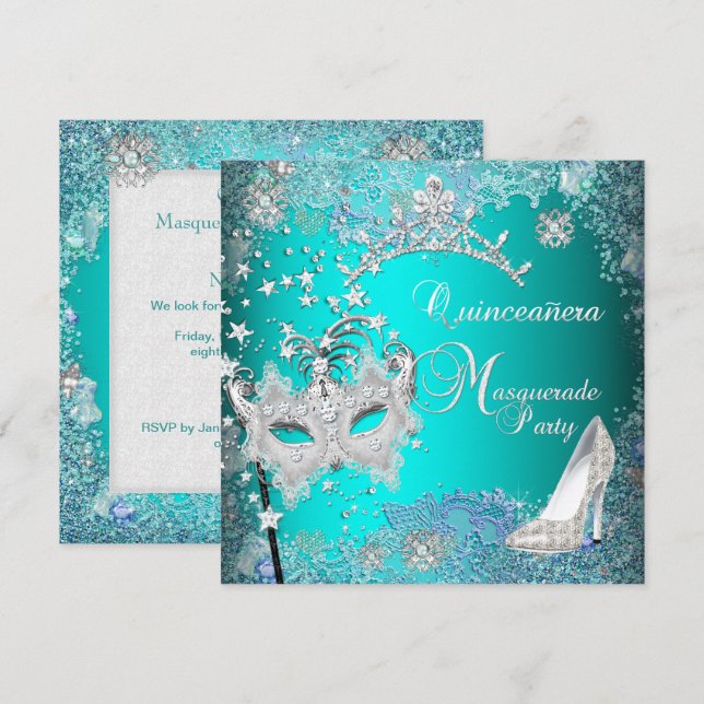 Teal Masquerade Quinceanera 15th Party Tiara Shoe Invitation (Front/Back)