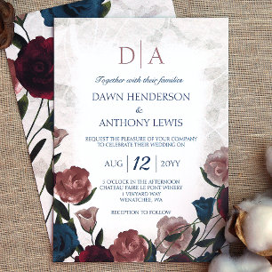 Teal, Mauve Blush, Burgundy Rose Garden Wedding  Invitation