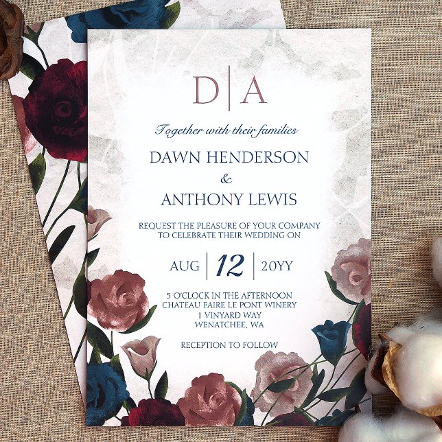 Teal, Mauve Blush, Burgundy Rose Garden Wedding  Invitation (elegant rose bouquet rose garden wedding invitations burgundy, rose pink, teal, beige roses)