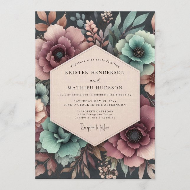 Teal & Mauve Moody Bloom Wedding Invitation (Front)