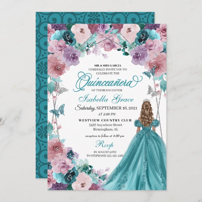 Teal & Mauve Sunset Quinceanera Princess Invitation (Front/Back)