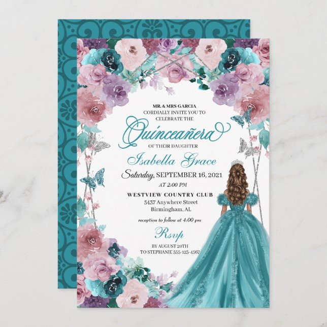 Teal & Mauve Sunset Quinceanera Princess Invitation (Front/Back)