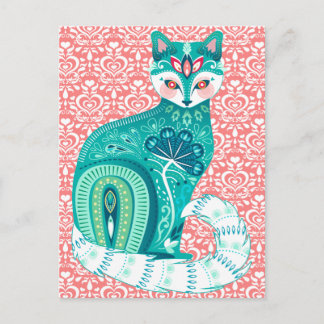 Teal Maximalist Cat in Folk Floral - Pink Postcard