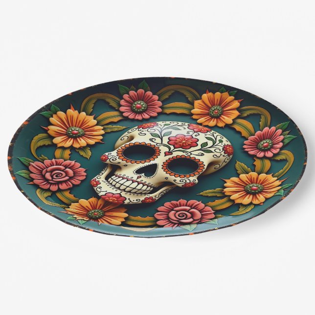 💀🎉Teal Me No Lies, the Día de los Muertos Paper Plate (Angled)