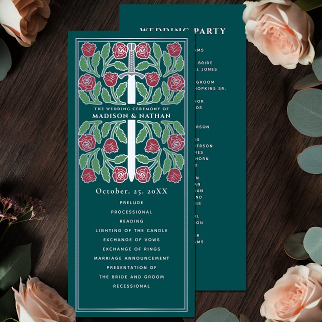 Teal Mediaeval Floral Silver Sword Royal Wedding Program (Creator Uploaded)