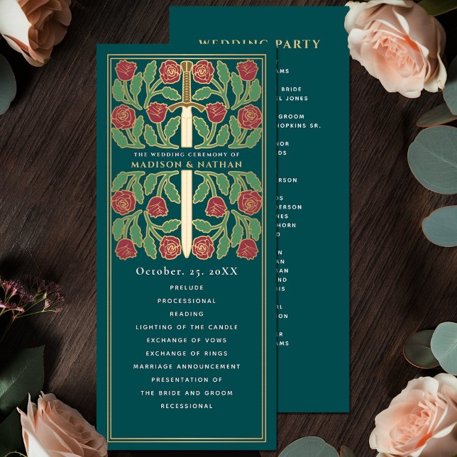 Teal Mediaeval Gold Floral Sword Royal Wedding Program (Creator Uploaded)