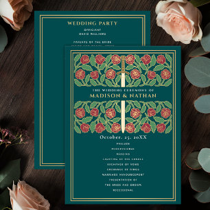 Teal Mediaeval Gold Floral Sword Royal Wedding Program
