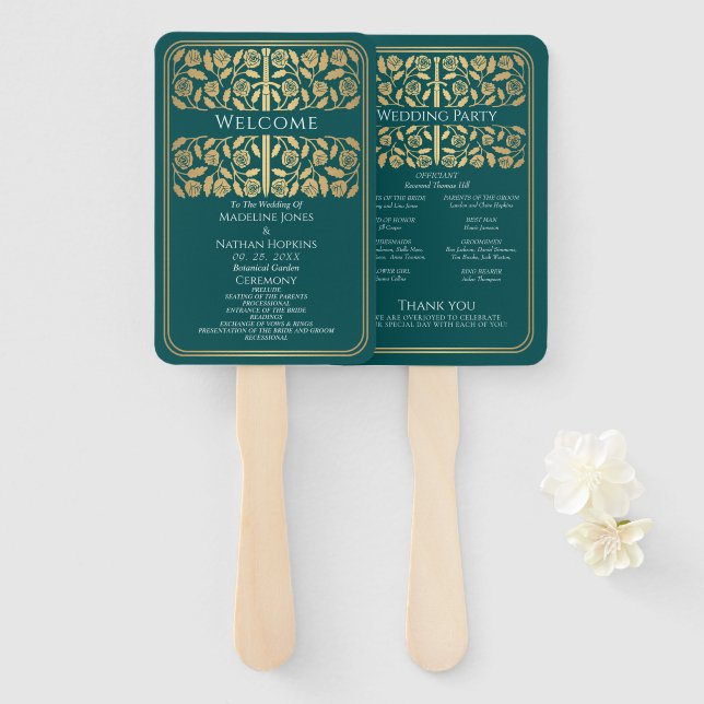 Teal Mediaeval Gold Sword Royal Wedding Program Hand Fan (Front and Back)