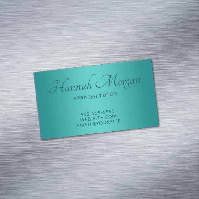 Teal Medium Turquoise Ombre Elegant Script Magnetic Business Card (In Situ)
