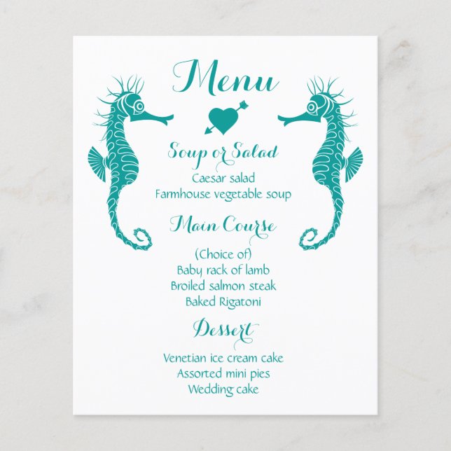 Teal Menu Seahorse Wedding - Beach Nautical (Front)
