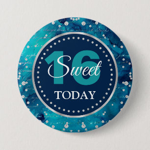 Teal Mermaid Letters Pattern & Glitter Sweet 16 7.5 Cm Round Badge