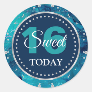 Teal Mermaid Letters Pattern & Glitter Sweet 16 Classic Round Sticker