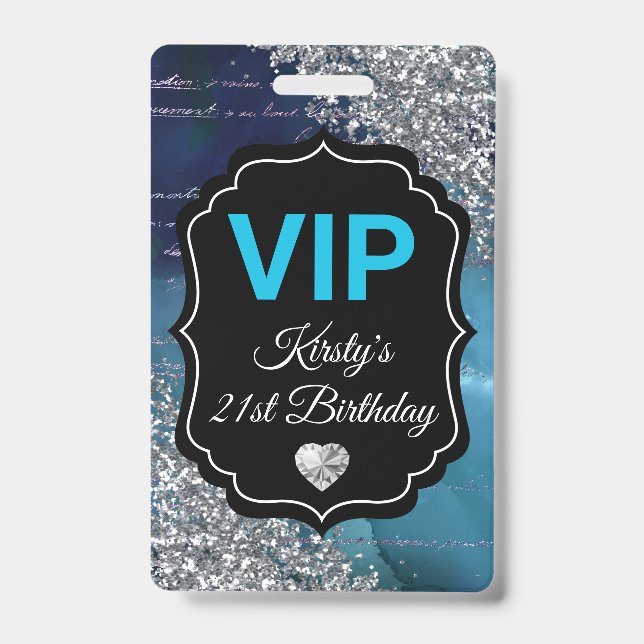 Teal Mermaid Letters Silver Glitter Birthday VIP ID Badge (Front)