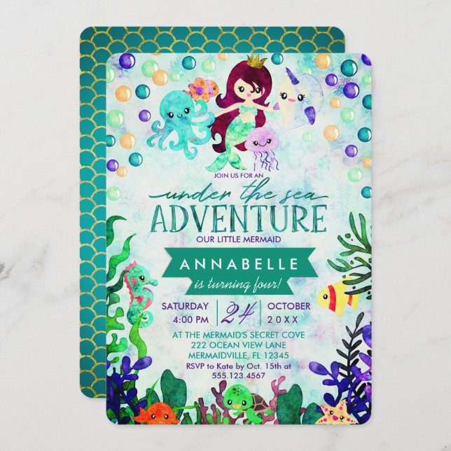Teal Mermaid Theme Birthday Party Invitations (Front/Back)