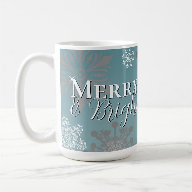 Teal Merry and Bright Snowflakes Christmas Coffee Mug (Left)