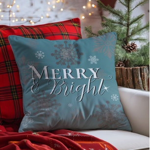 Teal Merry and Bright Snowflakes Christmas Cushion